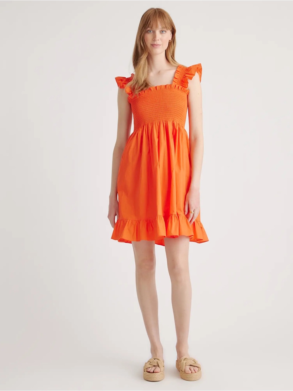 Quince 100% Organic Cotton Smocked Mini Dress Orange Ruffle Women’s Large L